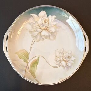 Antique RS Germany Floral Cake Plate Gold‎ Trim Handles Luster Finish